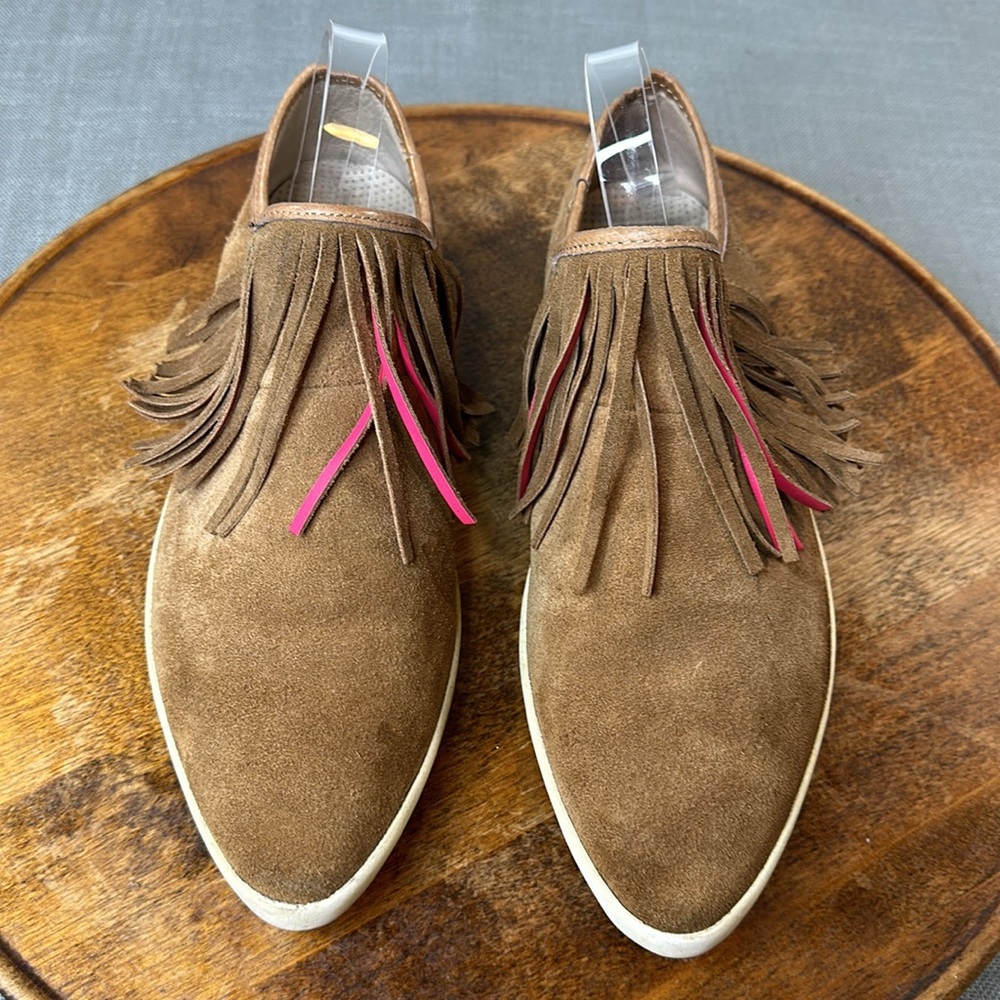Sanuk Shoes Womens 10 Brown Suede Pink Fringe Slip On Moccasin Loafers - Picture 3 of 13
